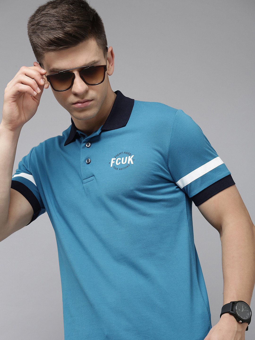 French Connection Men Blue Polo Collar Pure Cotton Slim Fit T-shirt With Brand Logo Print