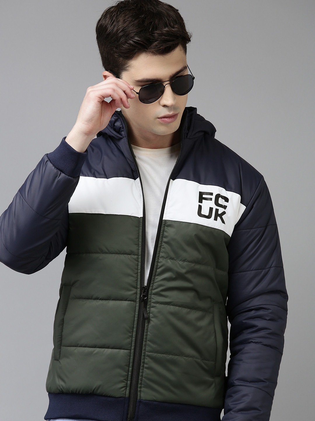French Connection Men Navy Blue & Olive Green Colourblocked Hooded Bomber Jacket