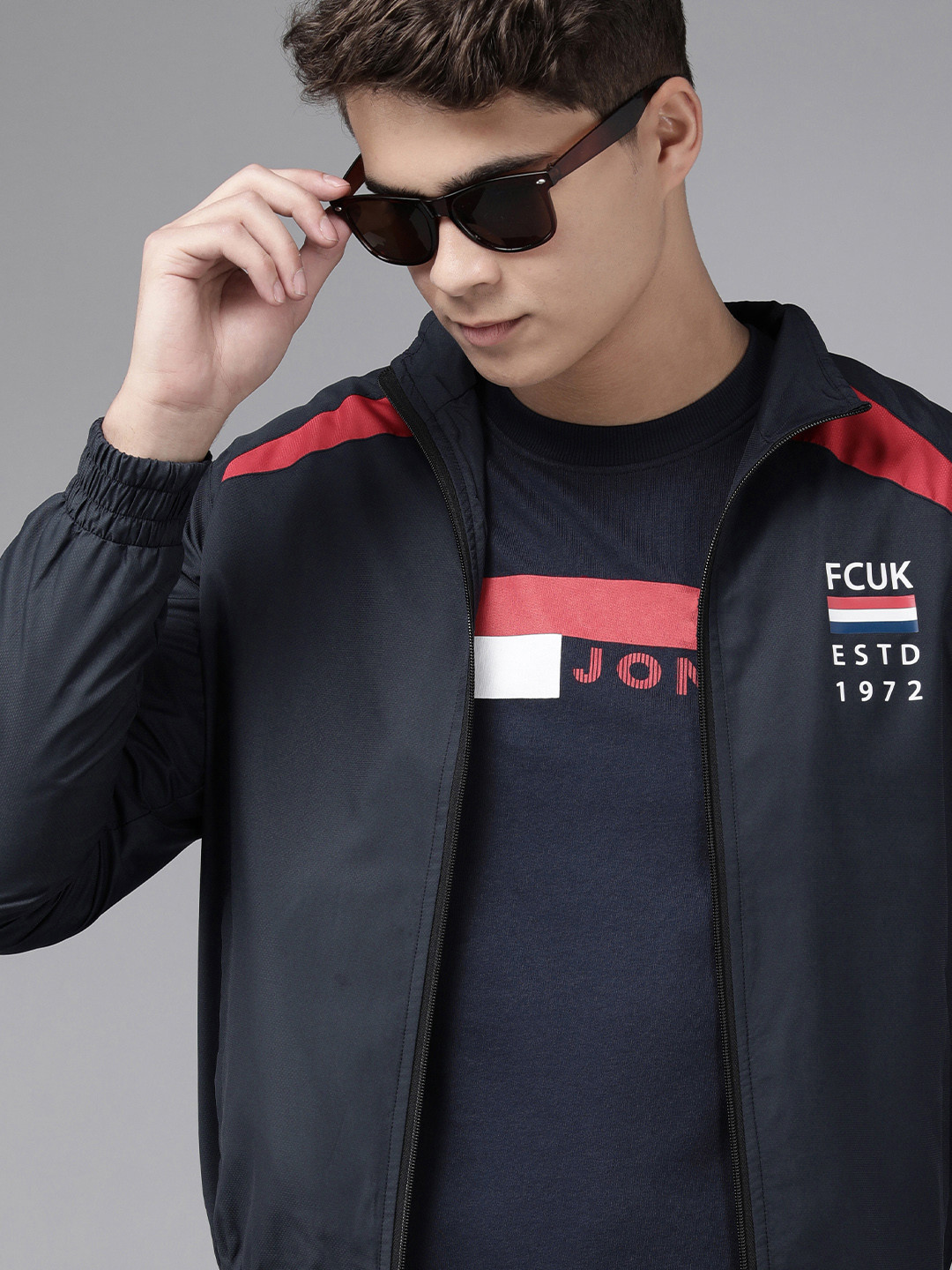 French Connection Men Blue Solid Lightweight Bomber Jacket