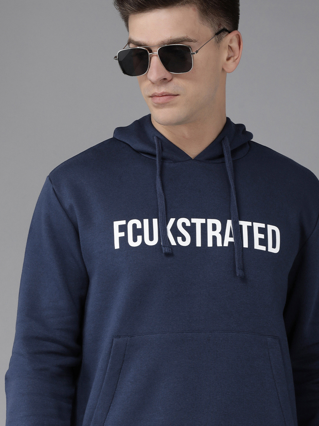 French Connection Men Navy Blue Brand Logo Printed Hooded Sweatshirt