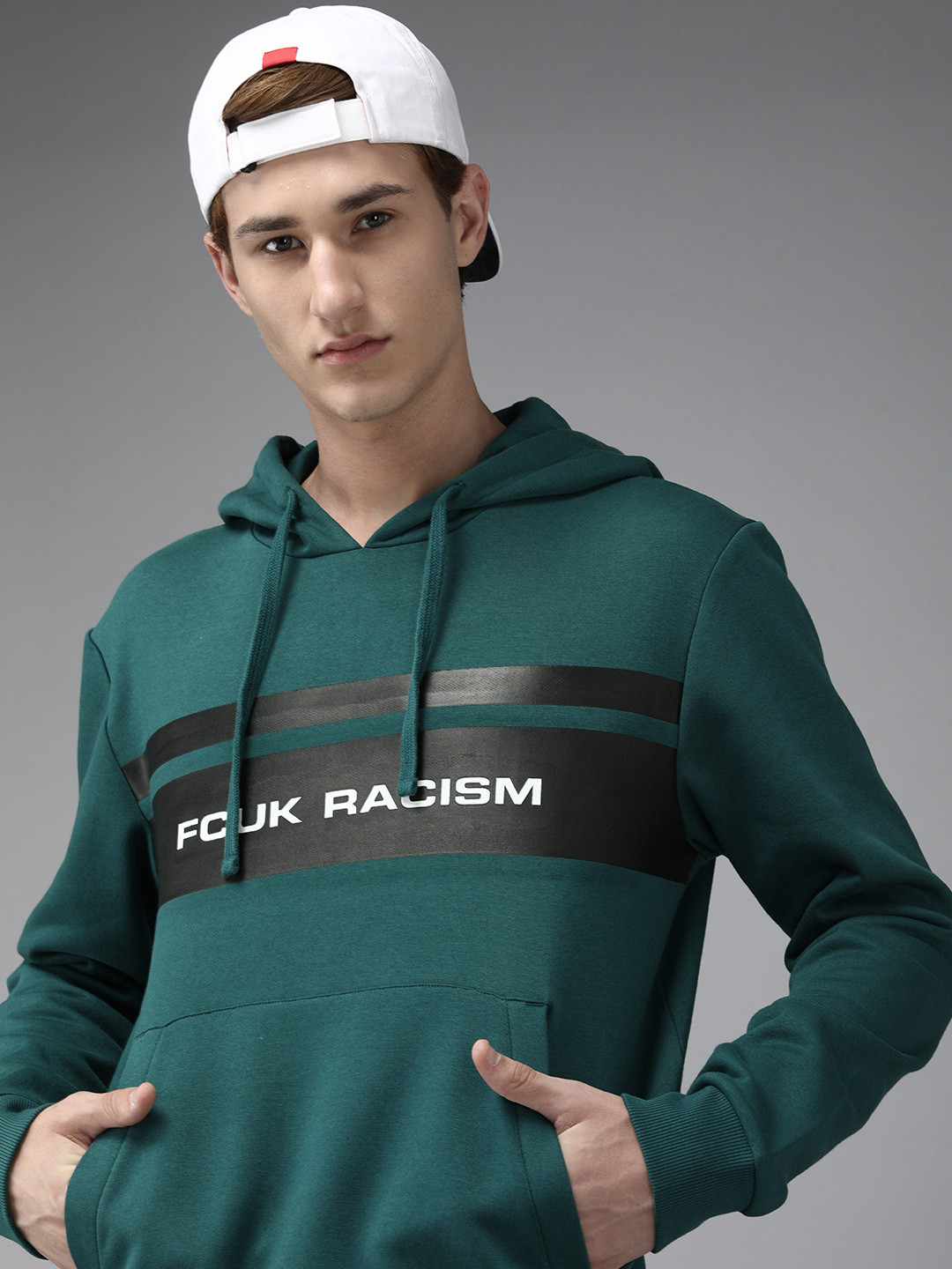 French Connection Men Teal Green Printed Hooded Sweatshirt