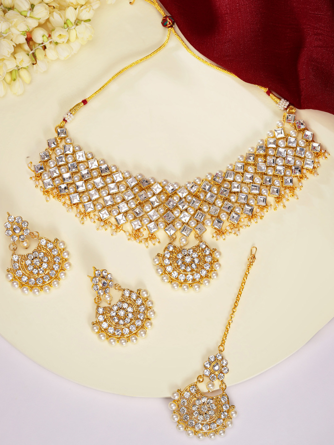 Peora Gold Plated White Kundan Pearl Studded Choker With Chandbali Earring Maang Tikka