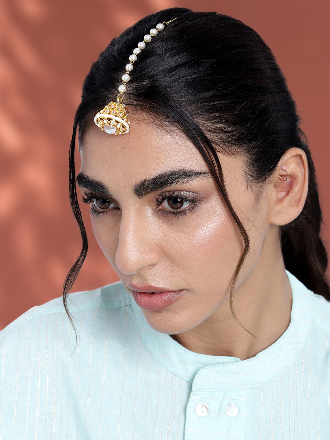 Peora Gold-Plated & White Kundan Pearl Maang Tikka