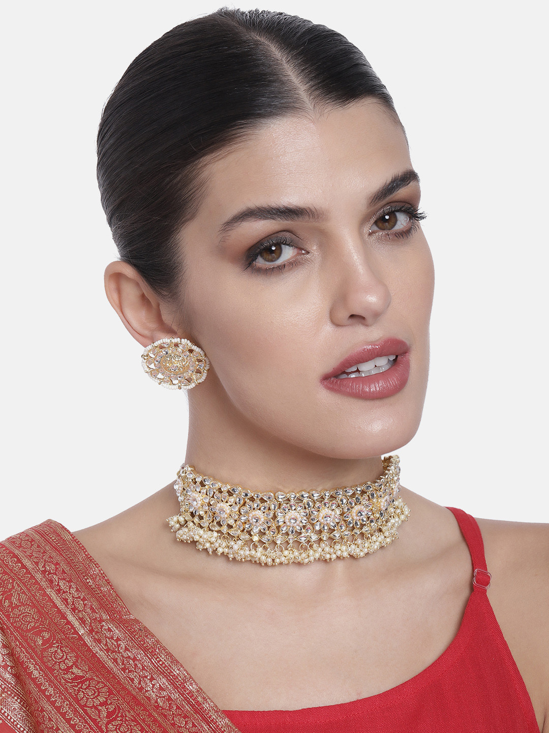 Peora Gold-Plated & White Kundan Pearl Studded White Choker Necklace Set