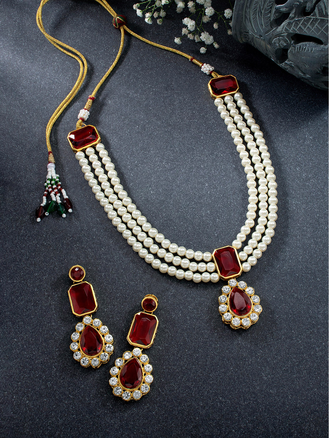 Peora Gold-Plated Maroon Kundan Long Necklace Earring Jewellery Set