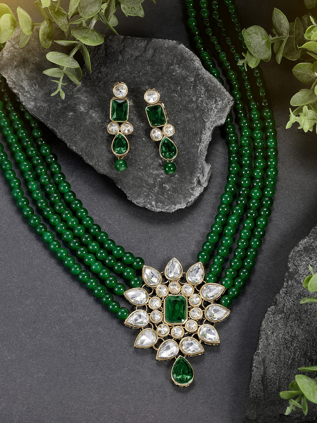 Peora Gold-Plated Green Kundan Pearl Long Necklace Earring Jewellery Set