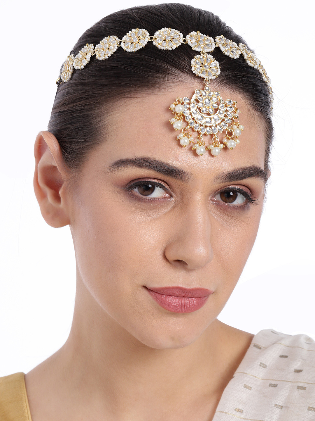 Peora Gold-Plated & White Kundan Pearl Sheeshphool