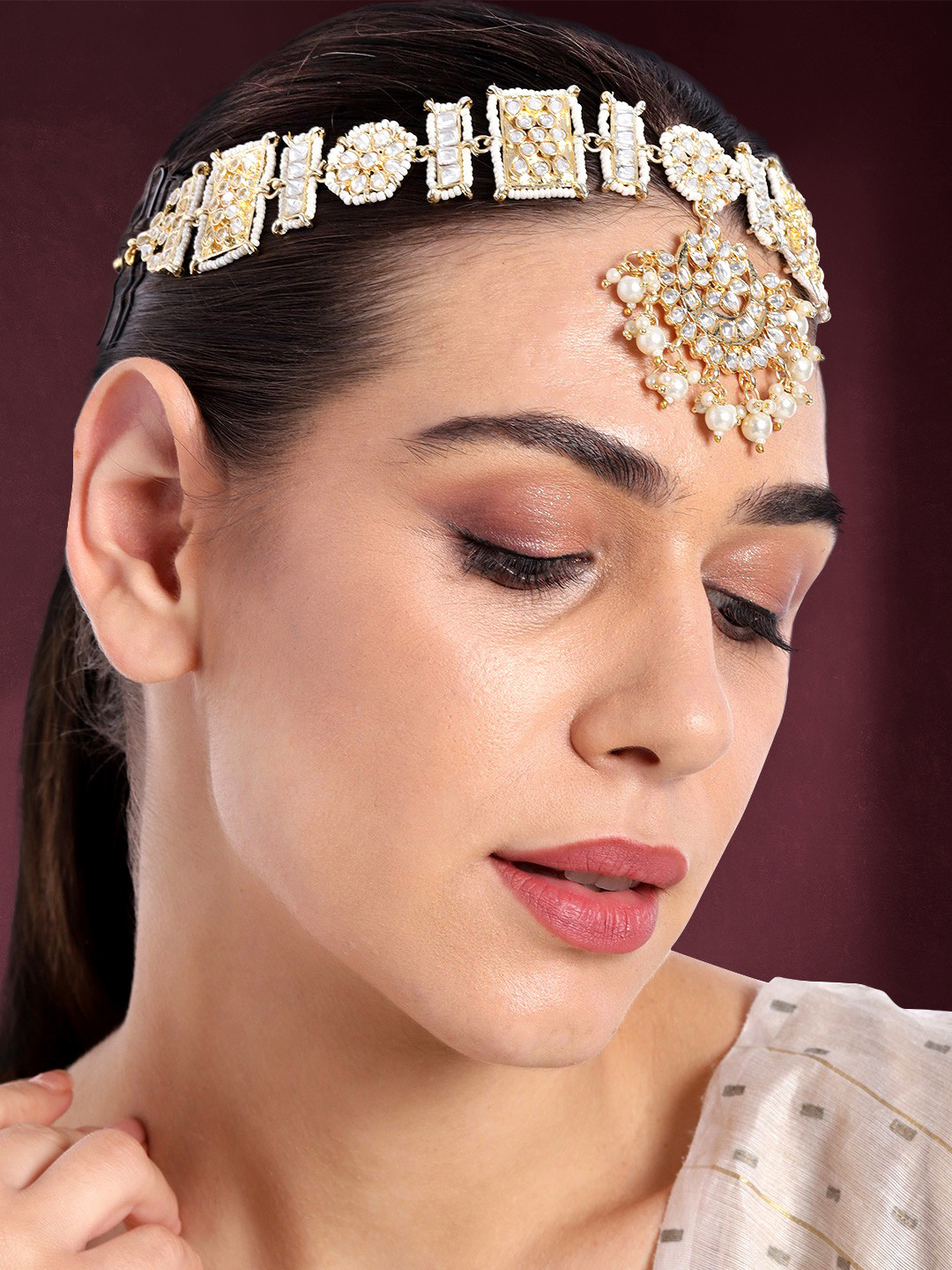 Peora Gold-Plated Floral Kundan Pearl Rajasthani Sheeshphool