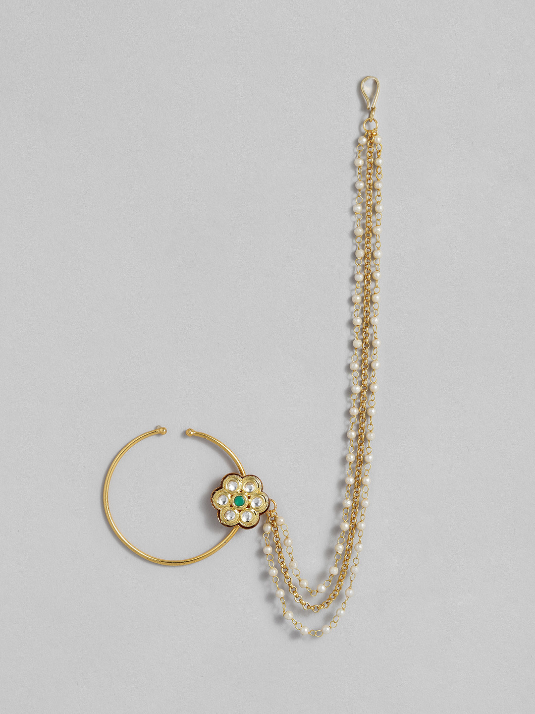 Peora Gold-Plated Kundan Floral Nose Ring Nath without Piercing with Pearl Beaded Chain