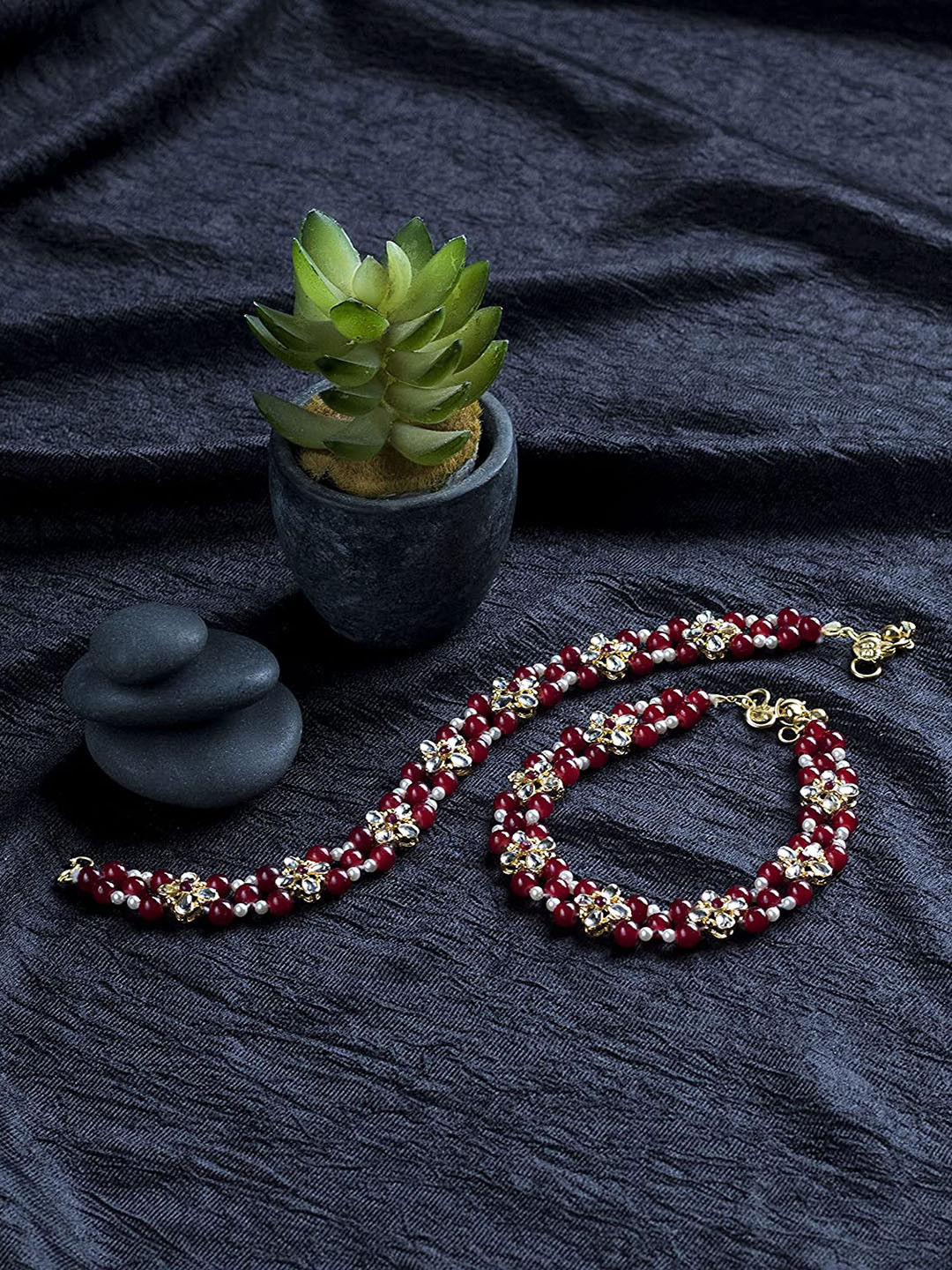 Peora Maroon & Golden Plated Kundan Studded Pearl Bridal Anklet