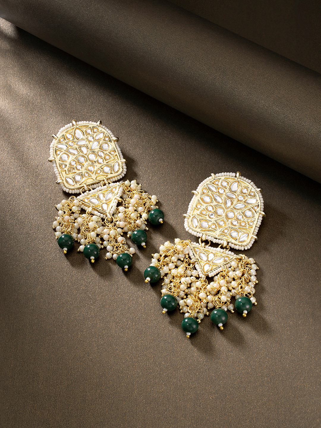 Peora Green & Gold-Plated Teardrop Shaped Drop Earrings