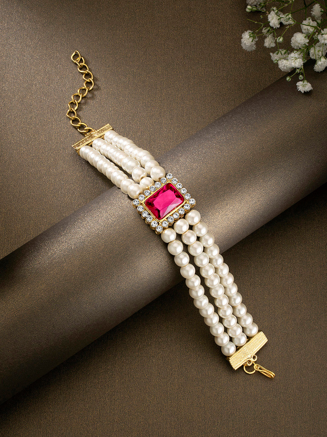 Peora Women Magenta & White Pearls Gold-Plated Multistrand Bracelet