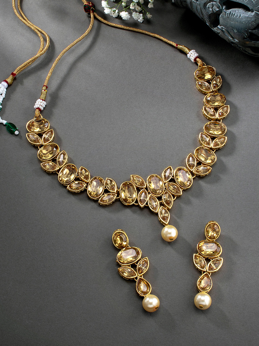 Peora Yellow & White Stone Studded Gold-Plated Jewellery Set