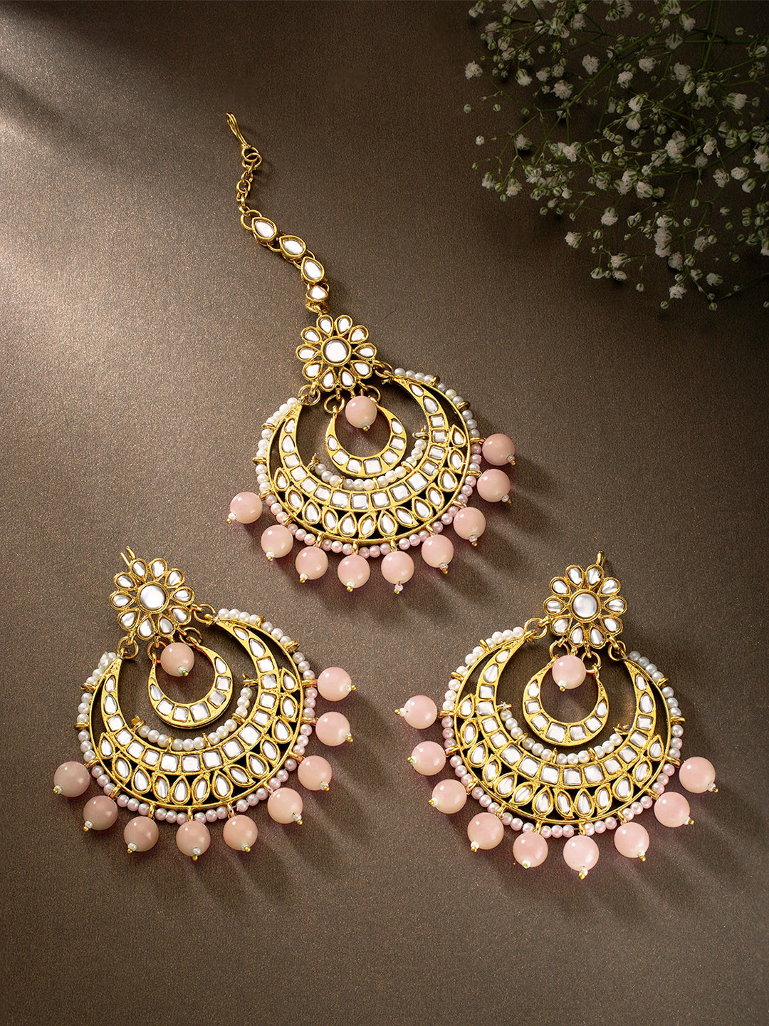 Peora Peach-Coloured Gold-Plated Chandbali Earrings with Maang Tikka Jewellery Set