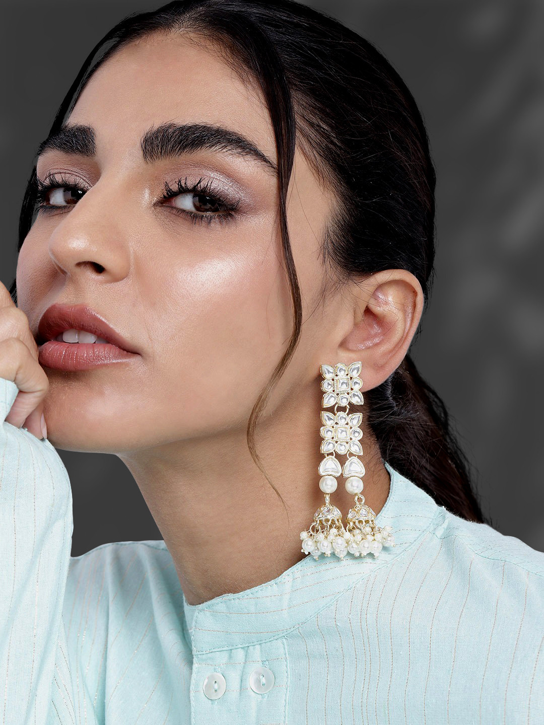 Peora White Rose Gold Plated Kundan Pearl Long Dangle Drop Earrings