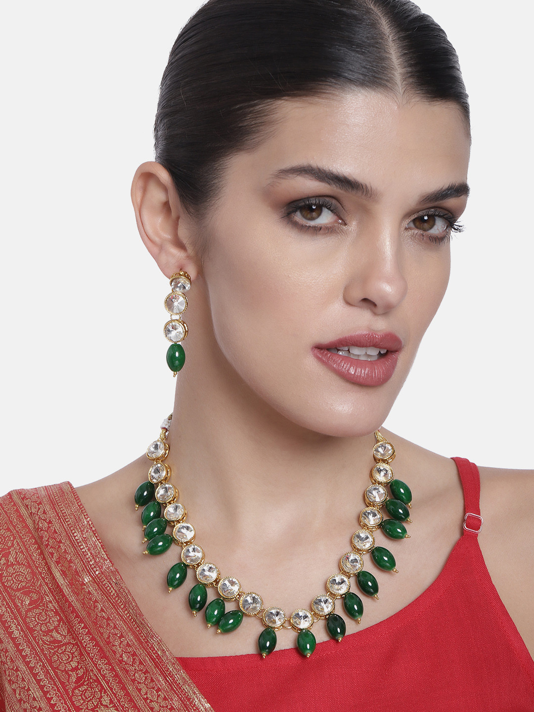 Peora Gold Plated Crystal Beaded Green Choker Jewellery Set