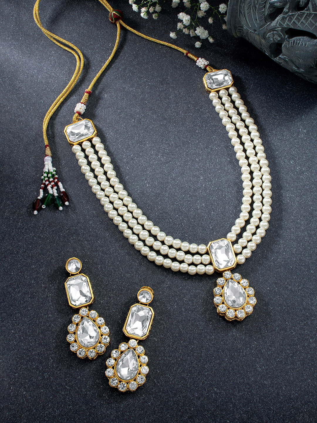 Peora Gold Plated White Kundan Studded Indian Traditional Long Jewellery Set