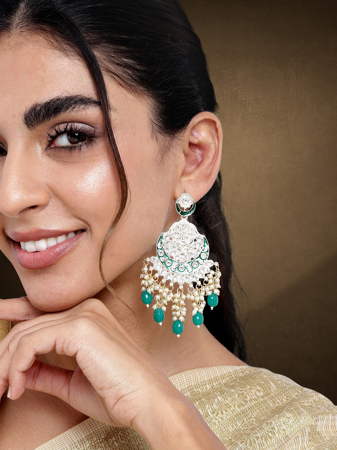 Peora Green & Gold-Plated Enamel Meenakari Traditional Kundans & Pearls Dangle Earrings