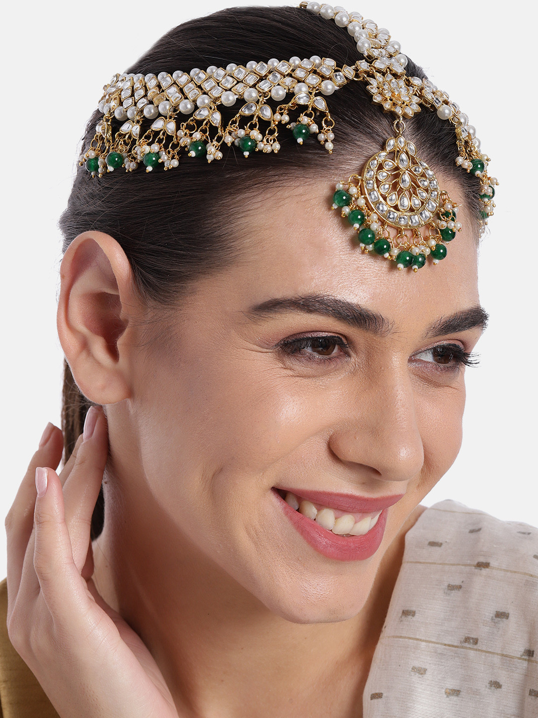 Peora Gold-Plated Green Kundan Matha Patti