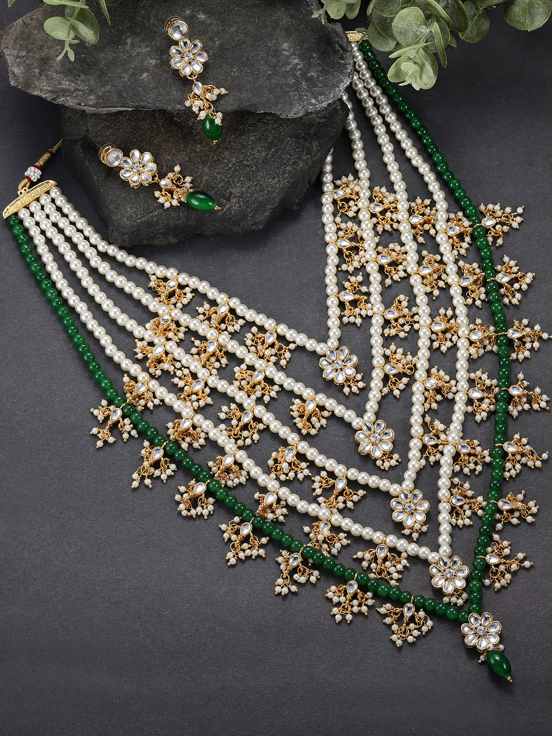 Peora Green & White Gold-Plated Floral Multi Layered Long Necklace Earrings Jewellery Set