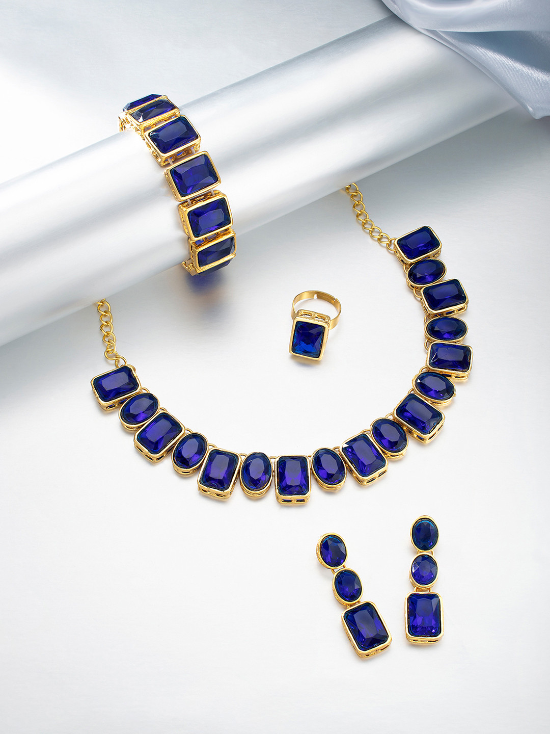 Peora Navy Blue Gold Plated Square Crystal Jewellery Set
