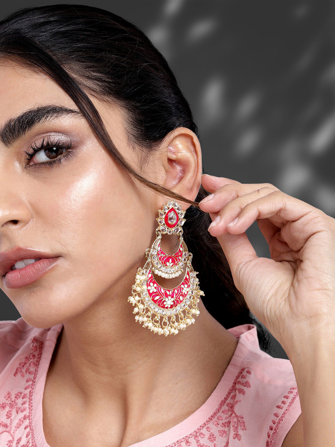 Peora Pink & Gold-Toned Enamel Meenakari Traditional Chandbali Earrings