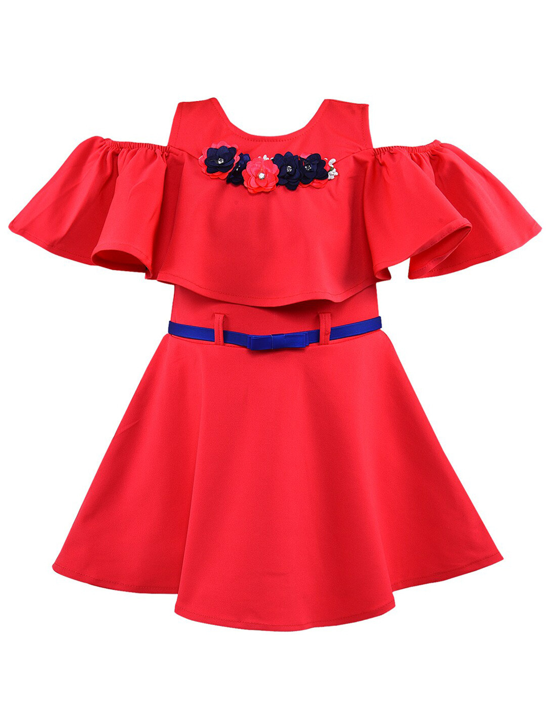 Wish Karo Girls Red Satin Cold shoulder Dress with Corsage