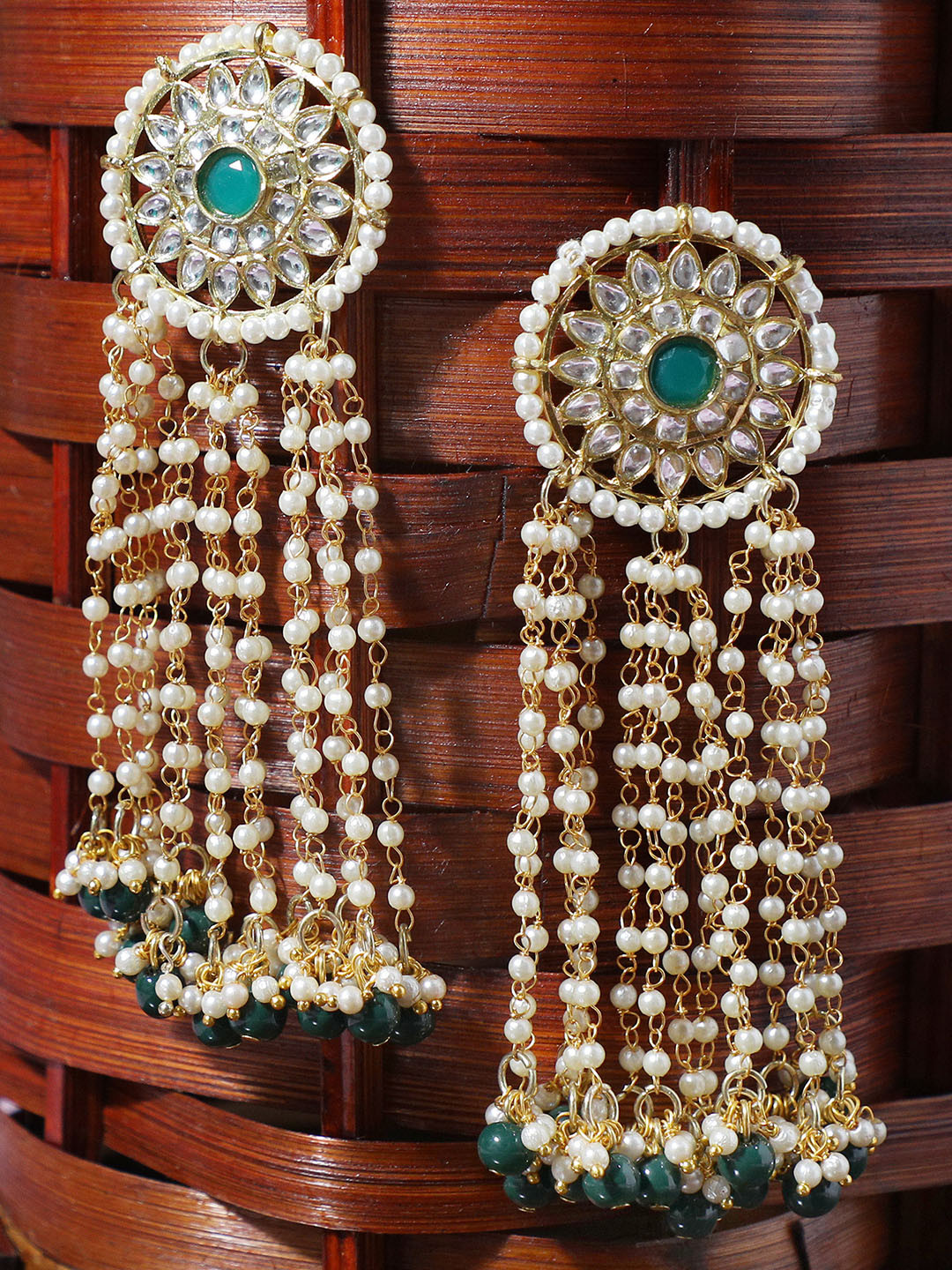 KARATCART Gold Plated Green Beads Kundan Tassel Drop Earrings
