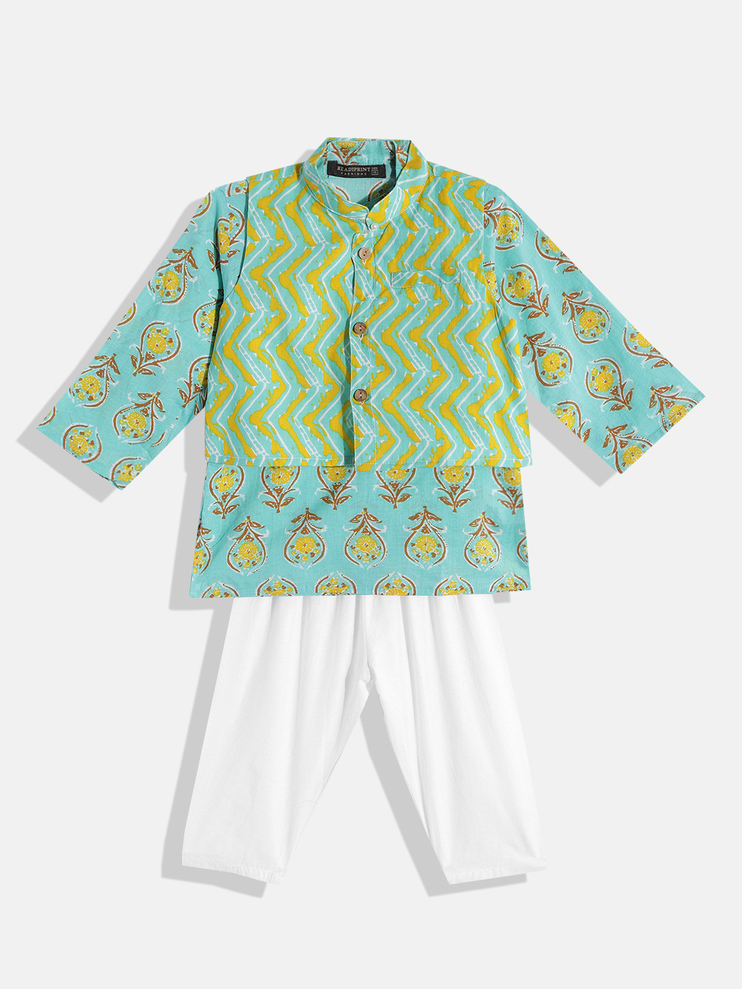 Readiprint Boys Green Cotton Ethnic Print Gotta Patti Kurta & Pyjama with Jacket