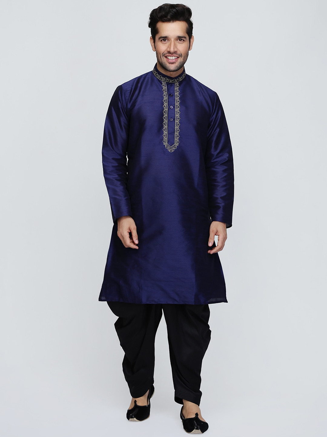 ROYAL KURTA Men Navy Blue Solid Mandarin Collar Dupion Silk Kurta