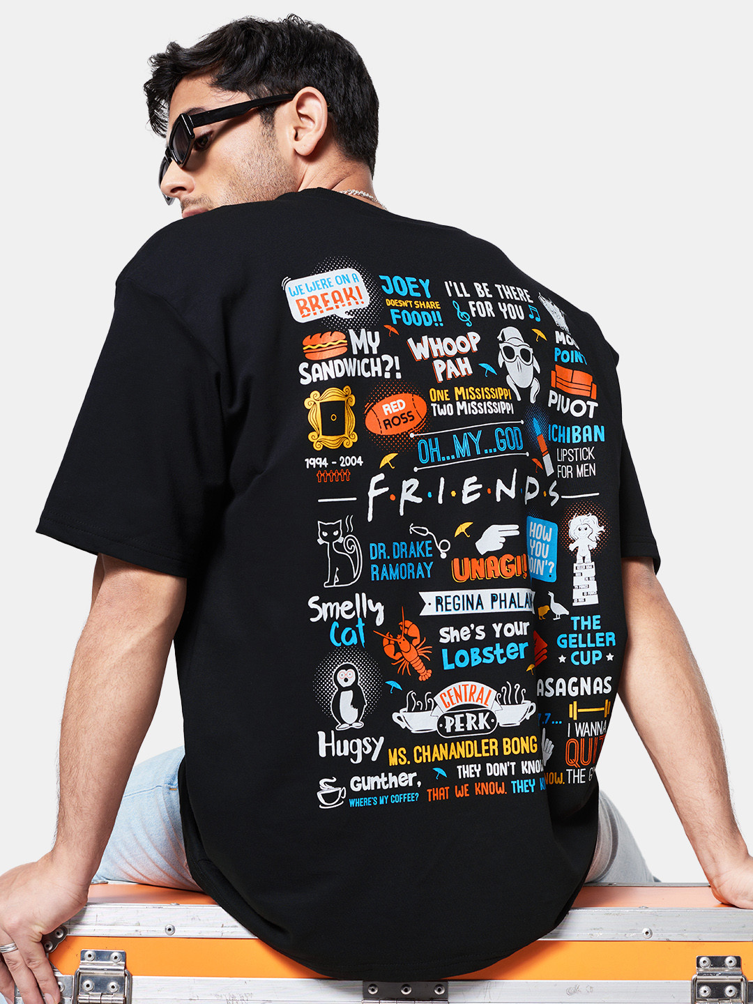 The Souled Store Men Black F.R.I.E.N.D.S Printed Applique Oversized T-Shirt