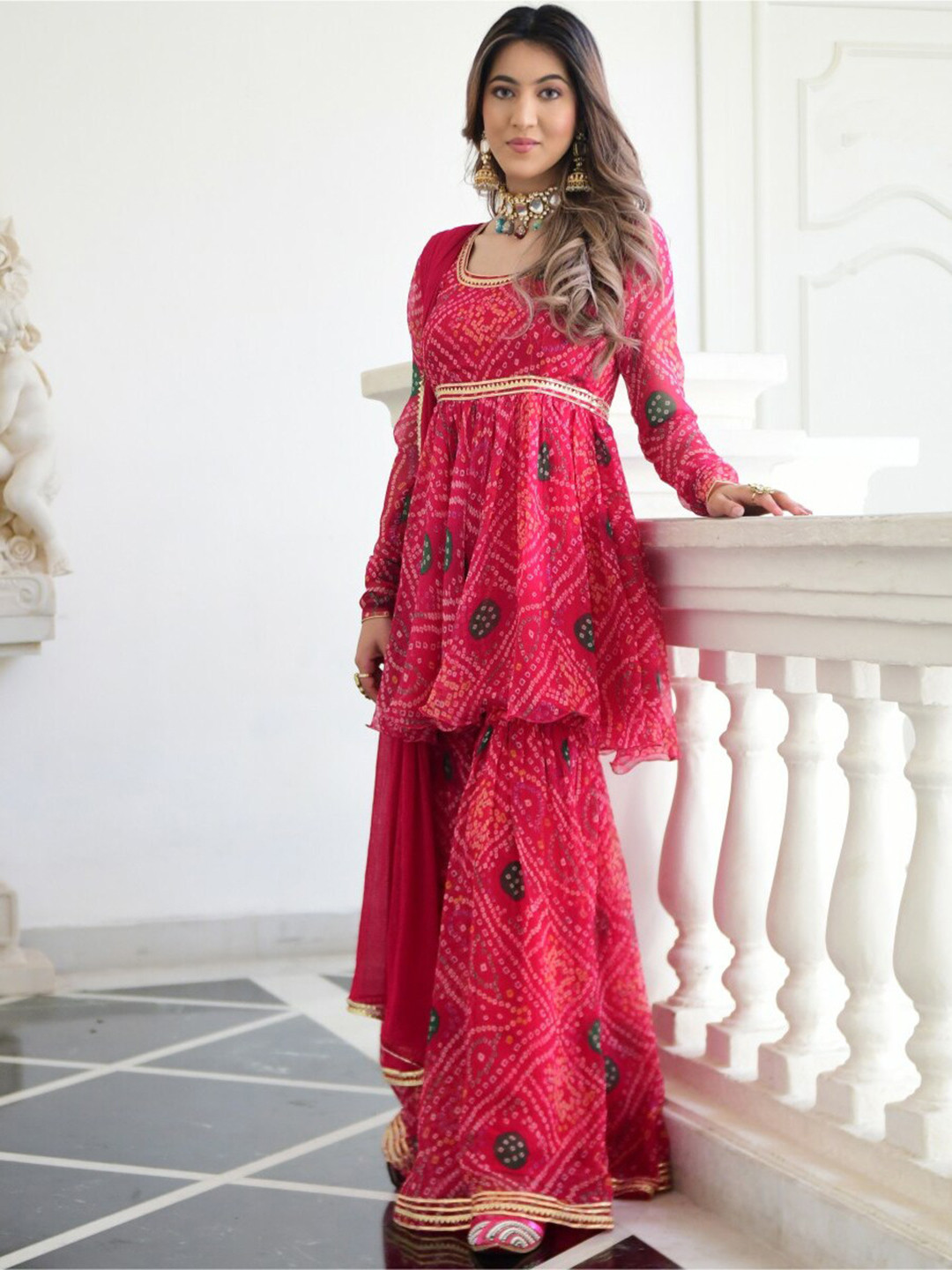 Lavanya The Label Women Pink Bandhani Empire Kurti with Sharara & With Dupatta