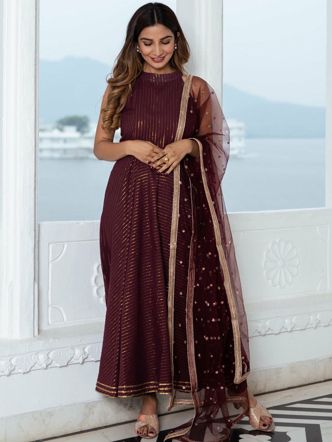 Lavanya The Label Women Maroon Printed Pure Cotton Kurta with Palazzos & With Dupatta
