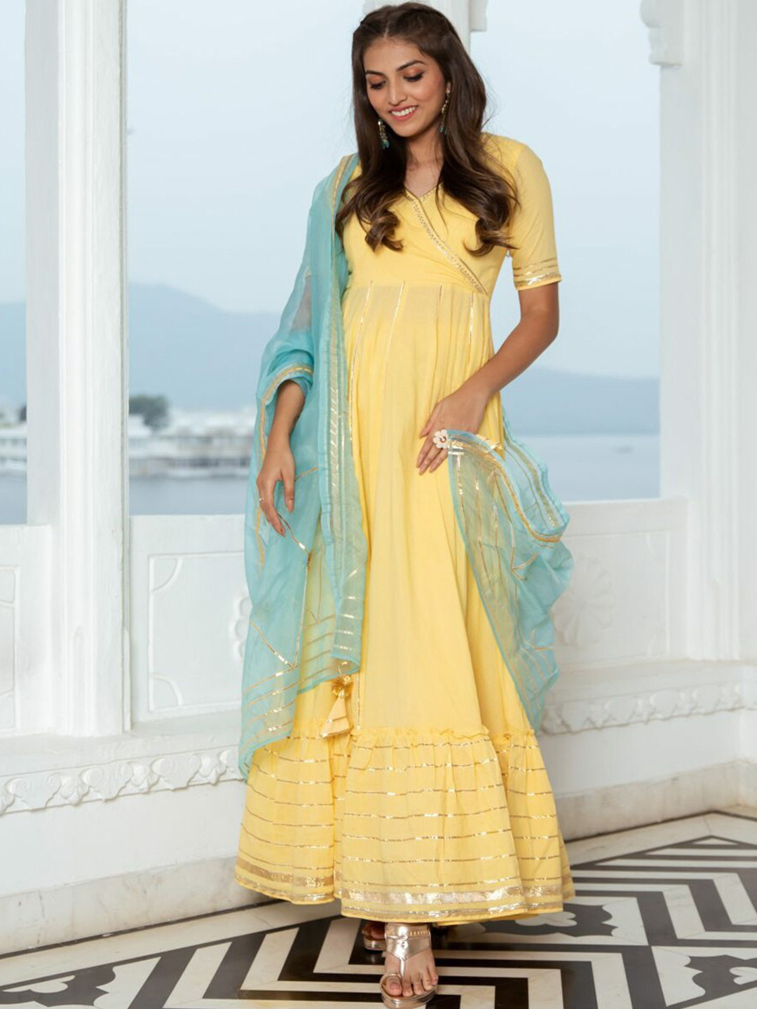 Lavanya The Label Women Yellow Ethnic Motifs Printed Angrakha Kurta with Palazzos & With Dupatta