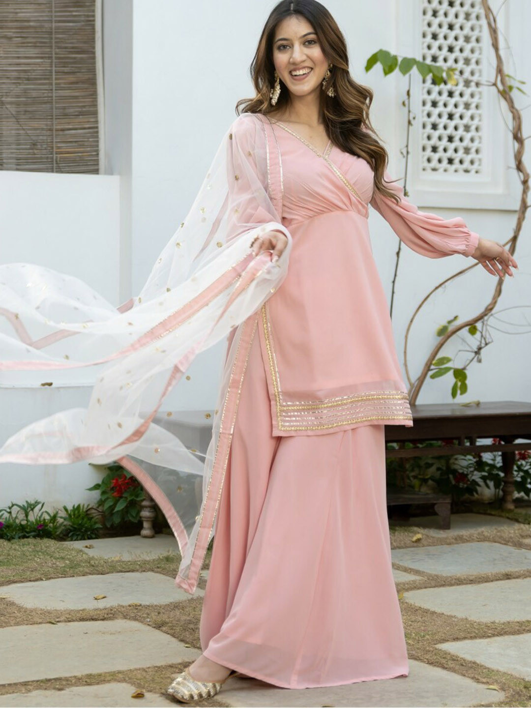 Lavanya The Label Women Pink Gotta Patti Kurti with Palazzo & Dupatta set