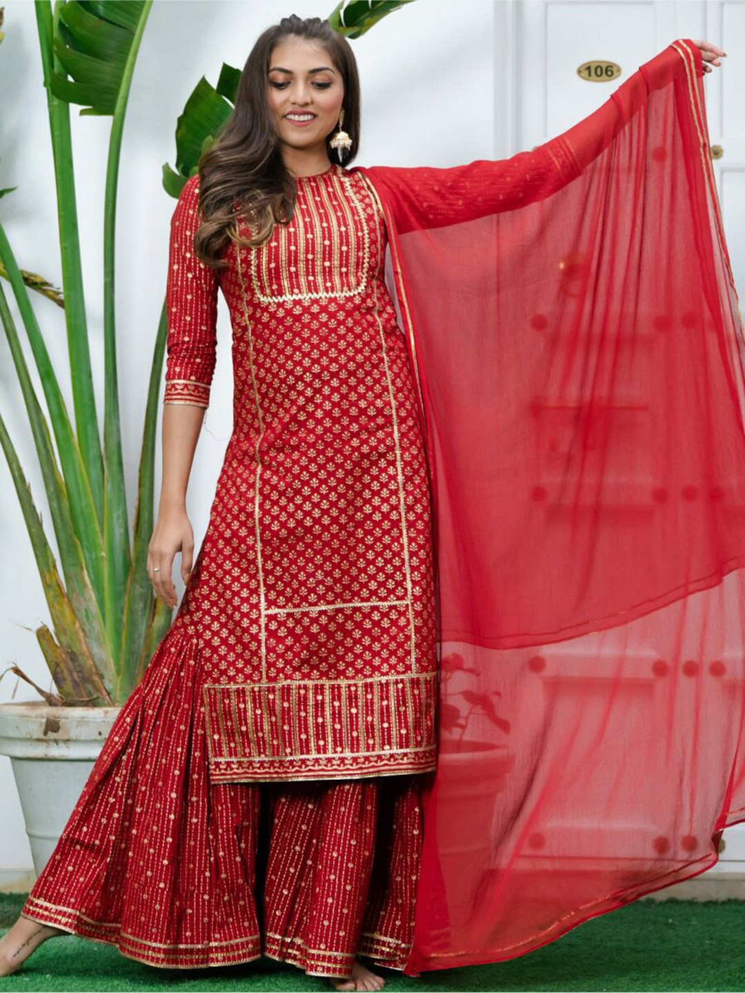 Lavanya The Label Women Red Ethnic Motifs Printed Pure Cotton Kurta with Sharara & With Dupatta