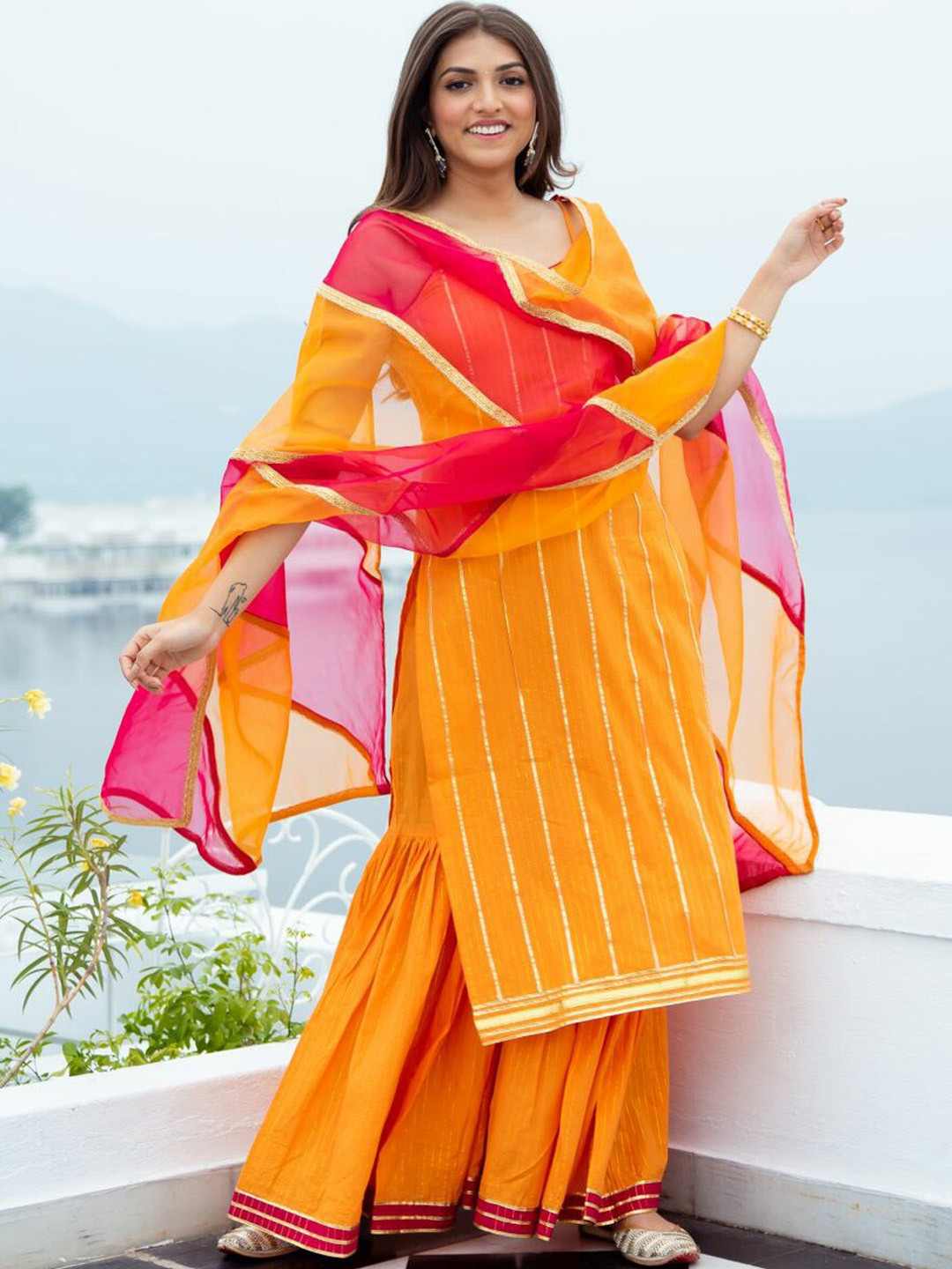 Lavanya The Label Women Orange Striped Pure Cotton Kurta with Sharara & With Dupatta