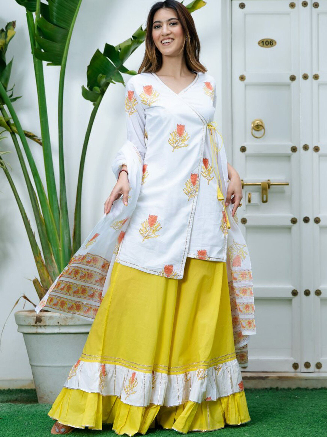 Lavanya The Label Women White Floral Printed Pure Cotton Kurta with Palazzos & With Dupatta
