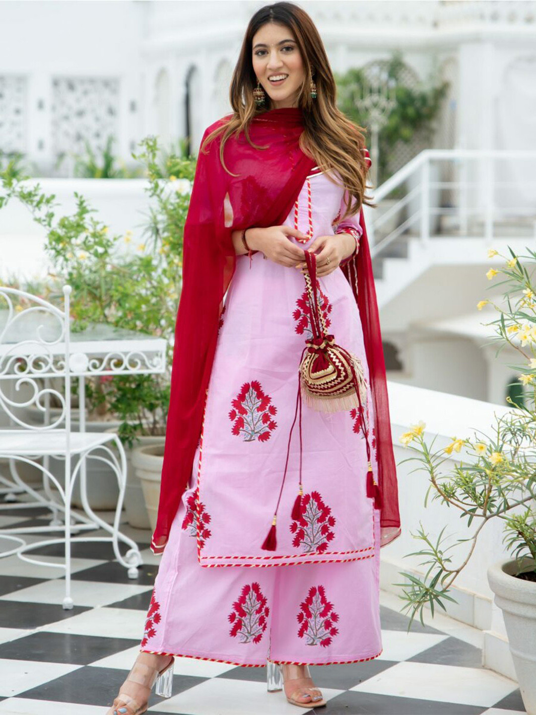 Lavanya The Label Women Pink Floral Printed High Slit Pure Cotton Kurta with Palazzos & With Dupatta