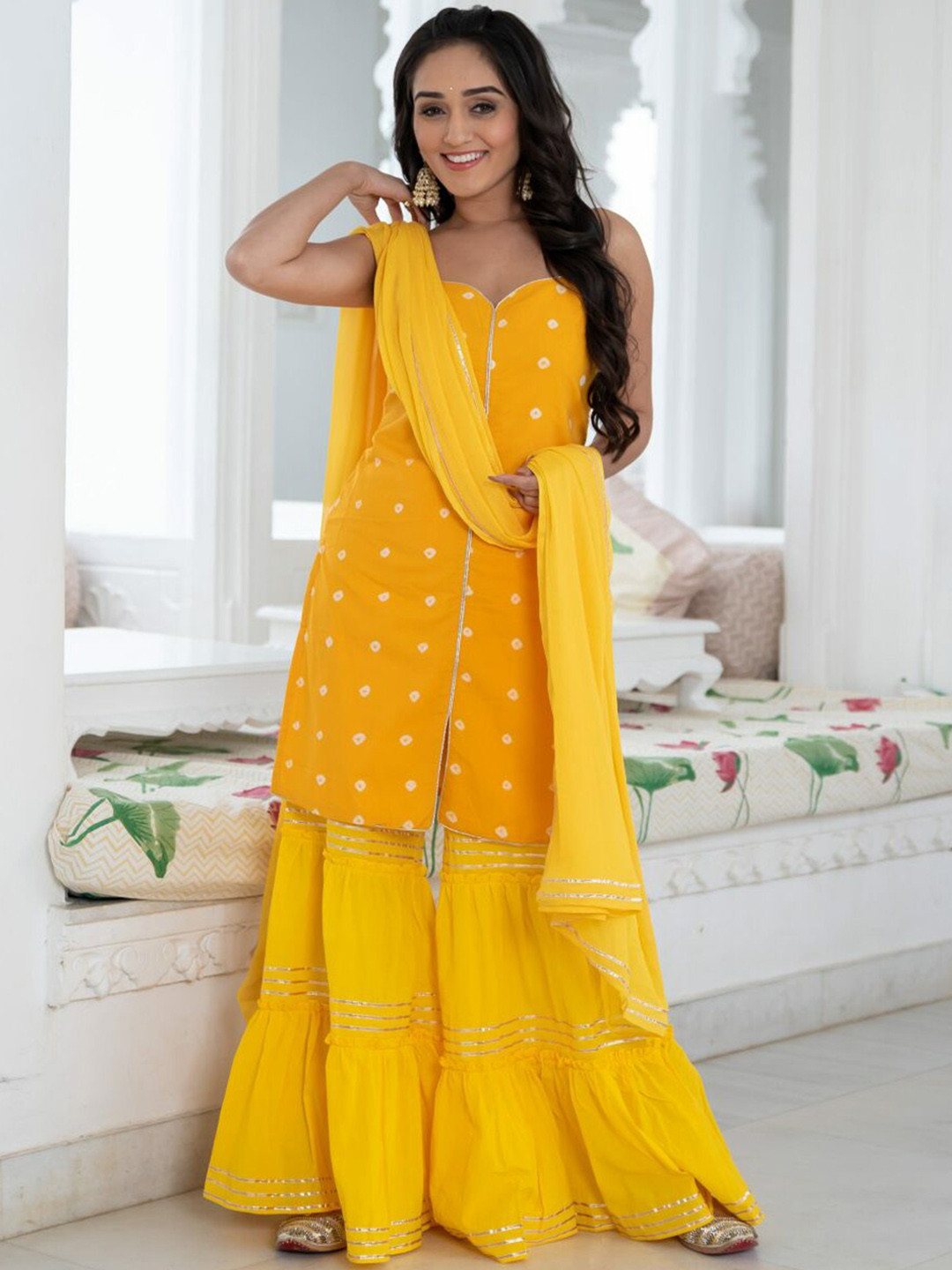 Lavanya The Label Women Yellow Bandhani Printed Pure Cotton Kurta Set With Dupatta