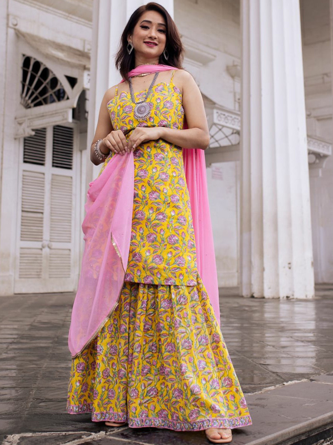 Lavanya The Label Women Yellow & Pink Printed Cotton Kurta with Sharara & With Dupatta