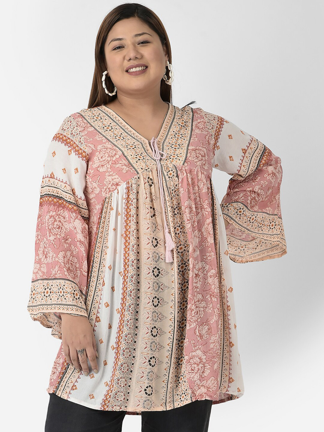 VELDRESS Women Plus Size Pink Print Longline Top