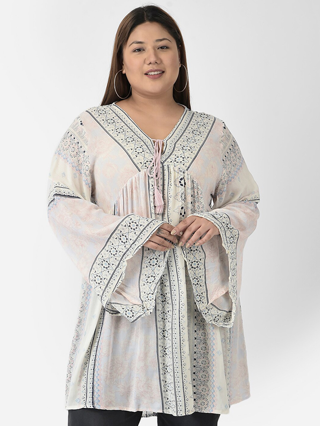 VELDRESS Plus Size Women Off White & Blue Print Tie-Up Neck Longline Top