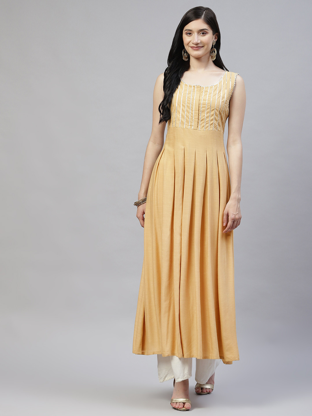 MBE Women Beige Gotta Patti Anarkali Kurta