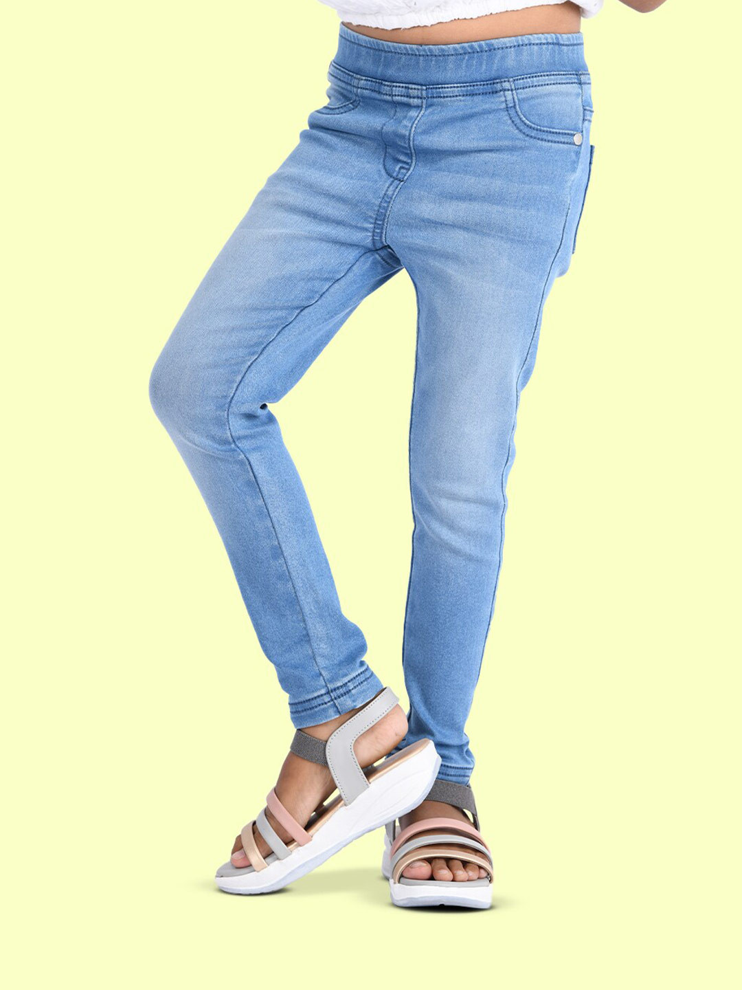 Zalio Girls Blue Solid Pure Cotton Jeggings