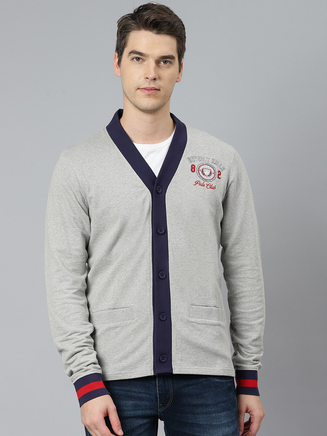 Beverly Hills Polo Club Men Grey & Navy Blue Cotton Cardigan