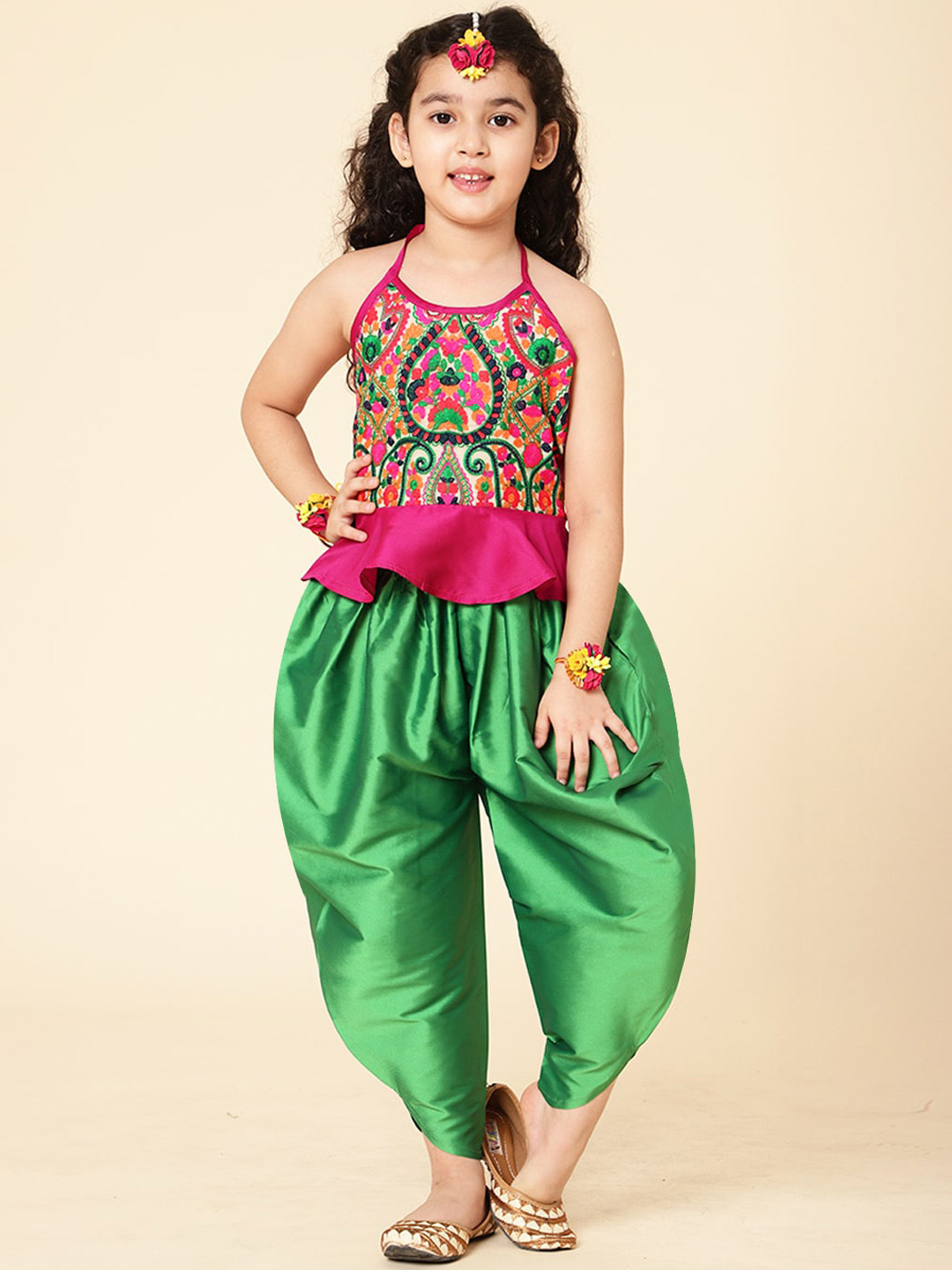 A T U N Girls Fuchsia & Green Printed Top with Dhoti Pants
