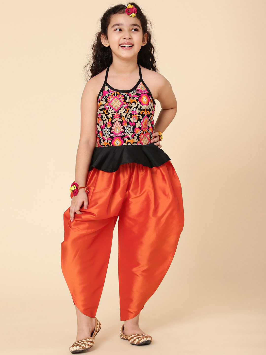 A T U N Girls Orange & Black Top with Dhoti Pants