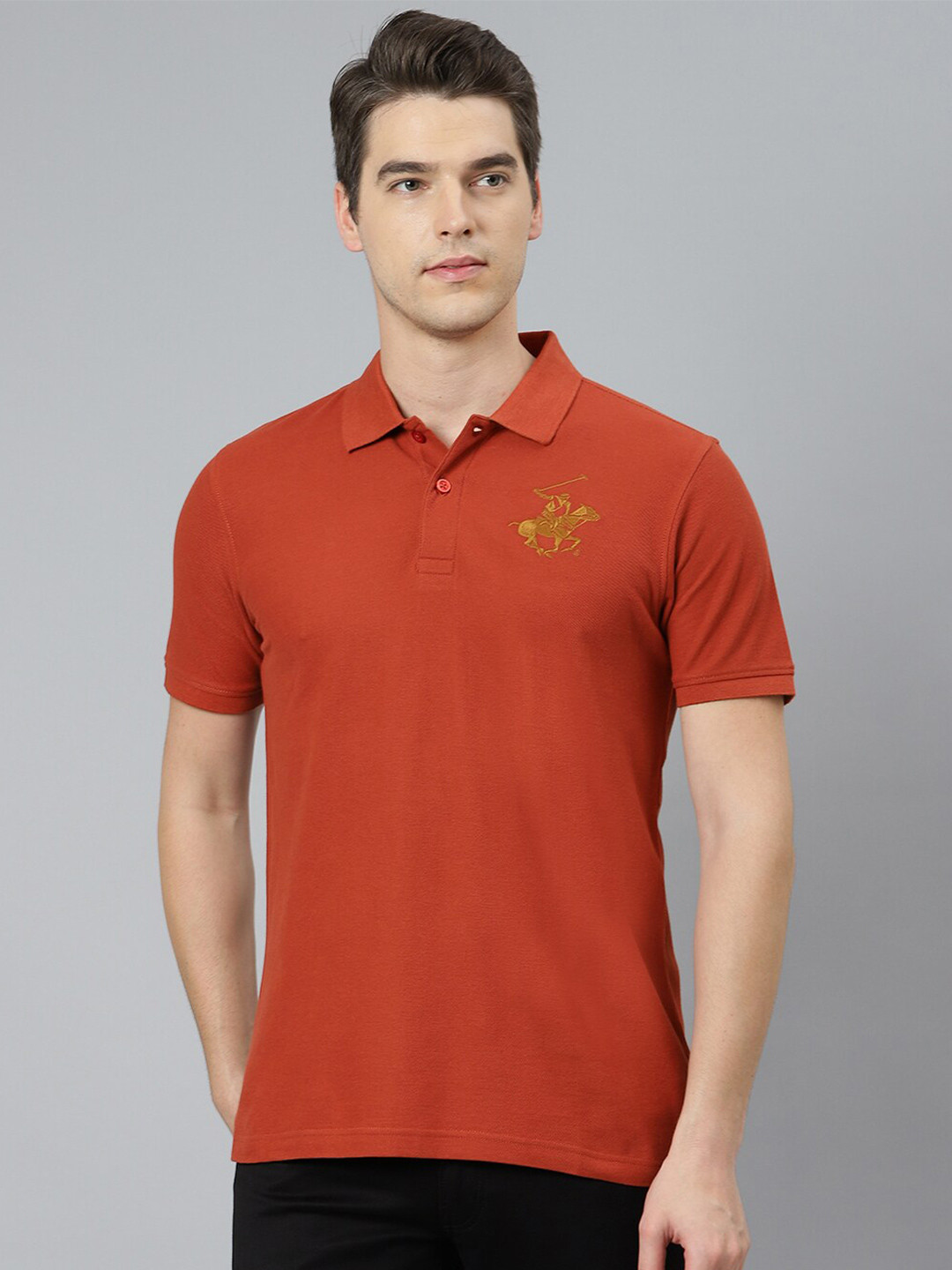 Beverly Hills Polo Club Men Rust Polo Collar Cotton T-shirt