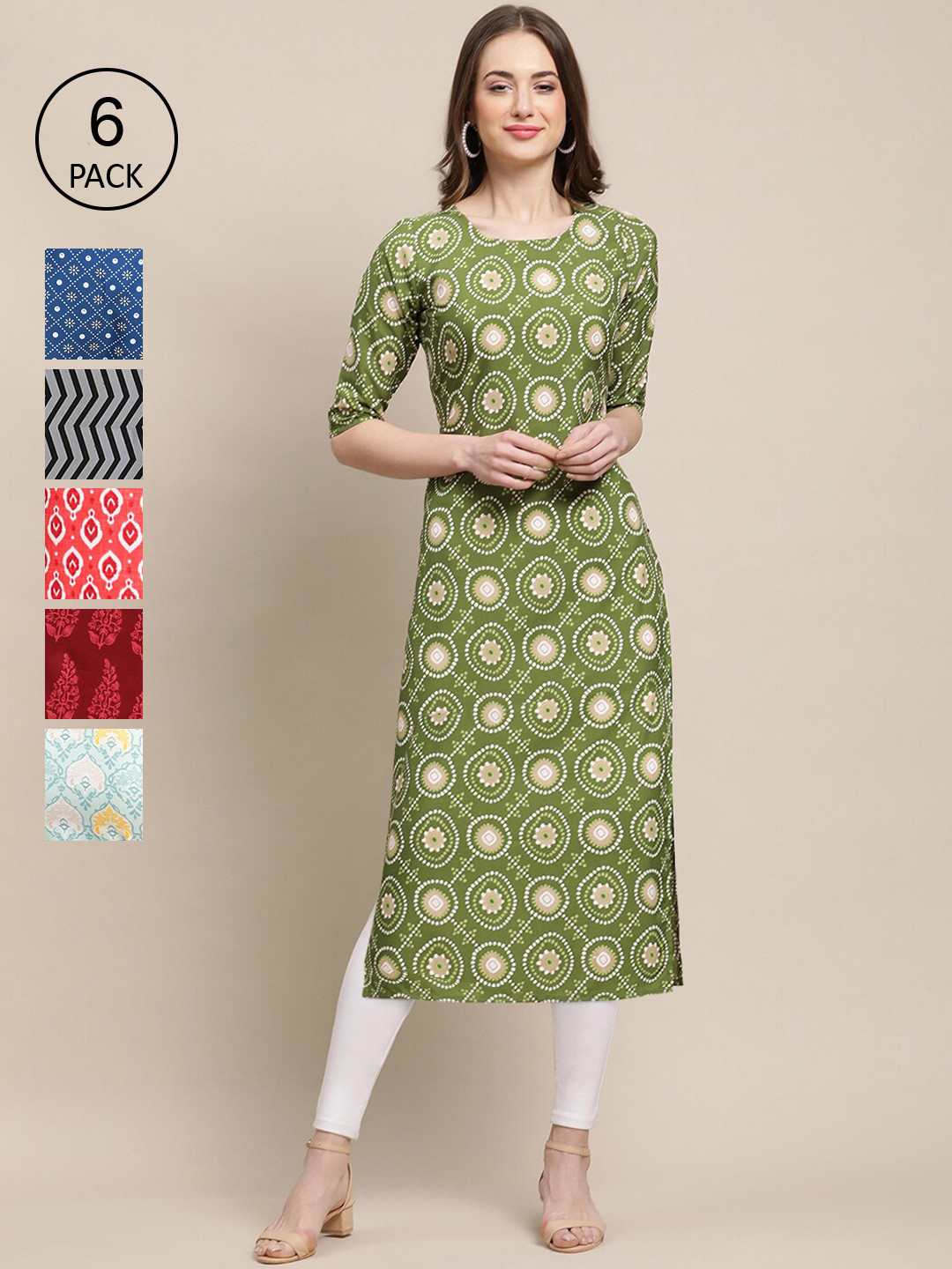 7Threads Women Green And White Crepe Kurta [PACK OF 6]